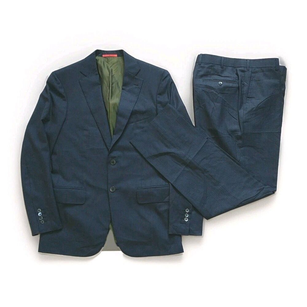 ISAIA Napoli 2piece Suit IT48 Black Navy Striped 100%Wool 140s Delain Italy*READ